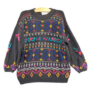 Jennifer Reed Women's Pullover Knit Sweater Gray M 3D Knit Accents Floral